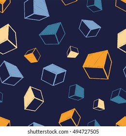 Hand drawn cubes abstract background, seamless pattern. Print. Repeating background. Cloth design, wallpaper.