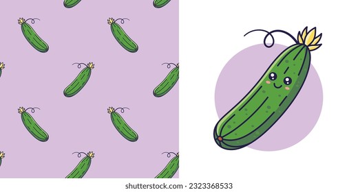 Dibujaron mano a Cucumber en forma de garabato para diseñar ropa de bebé. Postcard con pepino y patrón sin costuras. Viñeta de Bohemia. Los niños diseñan textura para pijamas. Ilustración vectorial.