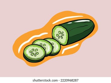 Hand drawn cucumber and cucumber partially sliced. Isolated on background