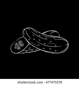 Hand drawn cucumber sketch isolated on black background. Organic food. Vector engraved illustration