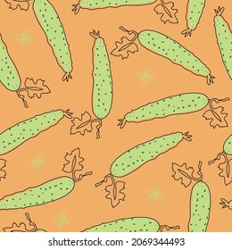 Hand drawn cucumbers pattern.Seamless backgrounds, texture, wallpaper. Bright decor. Vector illustration on orange isolated background.