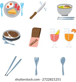 Coleção de elementos culinários desenhados à mão, ícones de comida engraçada, incluindo chocolate, suco e talheres em estilo doodle.