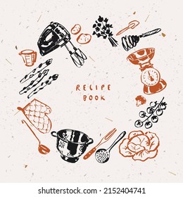 Hand drawn culinary illustration, kitchen utensil art, recipe book cover title