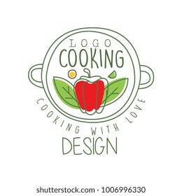 Hand drawn culinary logo design with pepper in a pan and cooking with love lettering. Creative line label for cafe, food delivery, restaurant. Vector on white.