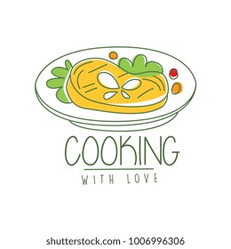 Hand drawn culinary logo original design with tasty dish. Meat with greens and vegetables. Line label or icon for cafe menu, cooking school. Vector on white.