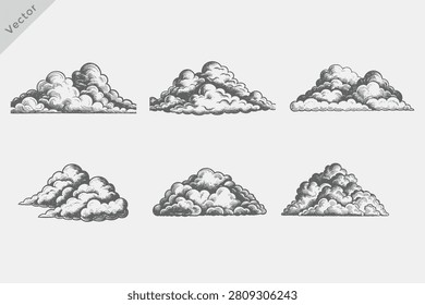 hand drawn cumulus clouds in vintage engraving style texture vector illustration. vintage engraving style cloud