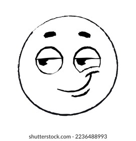 Hand drawn cunning emoticon. Character smiles, raising one corner of lips. Deception and fraud. Sticker for social networks and reaction for instant messengers. Cartoon flat vector illustration