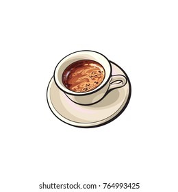 Hand drawn cup of black Americano, Espresso, Turkish, brewed coffee drink, sketch ector illustration on white background. Realistic hand drawing of black coffee in white porcelain cup and saucer