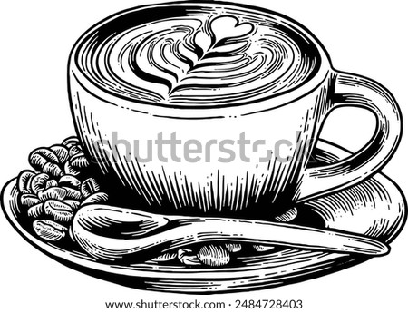 Hand drawn Cup of Cappuccino Coffee with Latte Art Drink Sketch Illustration