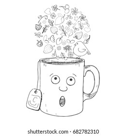 Hand drawn a cup in the cartoon style, different herbs, plants, berries and birds. Vector illustration of a sketch style.
