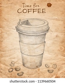Hand drawn Cup of coffee with coffee beans on old paper background. Vector illustration