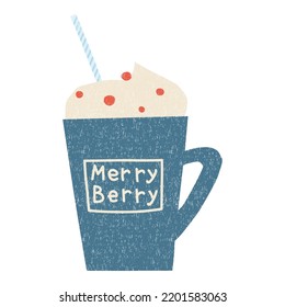 Hand drawn cup of coffee or chocolate with cream and berry. Vintage vector illustration.