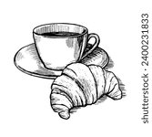 Hand drawn cup of coffee with croissant. Morning breakfast retro engraving vector illustration.
