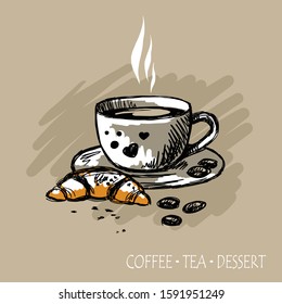 Hand drawn cup with coffee, croissant and coffee beans in black outline with white spots on beige background