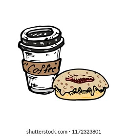 Hand drawn cup of coffee and donut doodle. Color sketch food and drink, icon. Decoration element. Isolated on white background. Vector illustration.