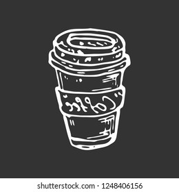 Hand drawn cup of coffee doodle. Sketch food and drink, icon. Decoration element. Isolated on black background. Vector illustration.
