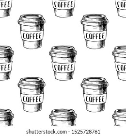 Hand Drawn cup of coffee doodle. Sketch style icon. Seamless pattern. Isolated on white background. Flat design. Vector illustration.
