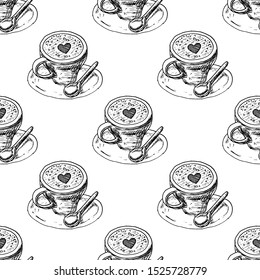 Hand Drawn cup of coffee doodle. Sketch style icon. Seamless pattern. Isolated on white background. Flat design. Vector illustration.