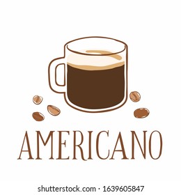 Hand drawn cup of coffee and grains around. Inscription americano