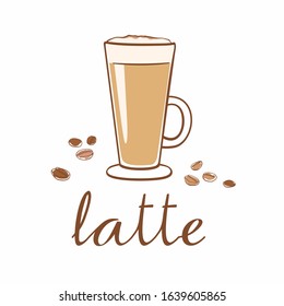 Hand drawn cup of coffee and grains. Inscription latte