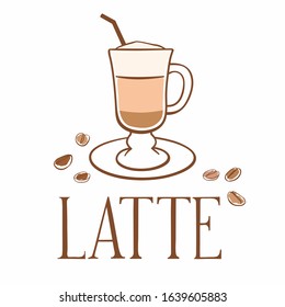 Hand drawn cup of coffee and grains. Inscription latte