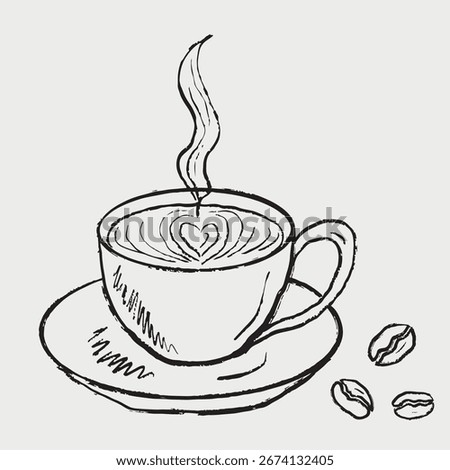 Hand drawn cup of coffee with heart shaped cream design, steam and coffee beans. Vector sketch illustration in vintage style. Graphic design for cafe logo, restaurant, menu