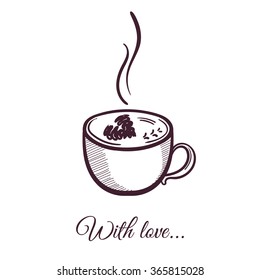 Hand drawn cup of coffee with heart-shaped decoration. Vector illustration.