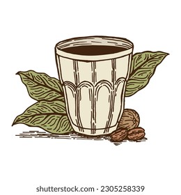 Hand Drawn Cup of Coffee With Leaves and Coffee Beans in Vintage Style