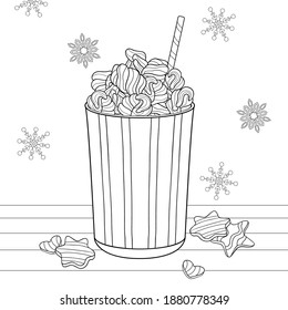 Hand drawn a cup of coffee with marshmallows, cookies and snowflakes. Winter food illustration on white isolated background. For coloring book pages.