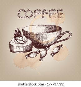 Hand drawn Cup of coffee  on spotted background. Vector  vintage illustration.