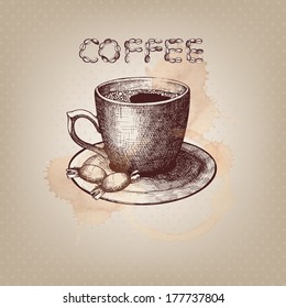 Hand drawn Cup of coffee  on spotted  background. Vector  vintage illustration.