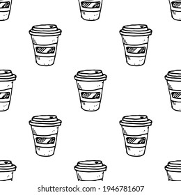 Hand drawn cup of coffee. Seamless pattern.
