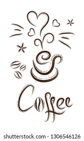 Hand drawn cup of coffee in sketch style with lovely heart steam, coffee beans, badian and hand lettering word «coffee» on white background. I love coffee vector concept
