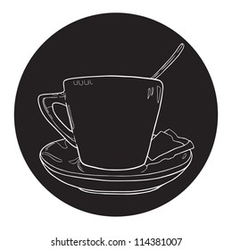 Hand drawn cup of coffee with a spoon in it on the blackboard background. Vector illustration.
