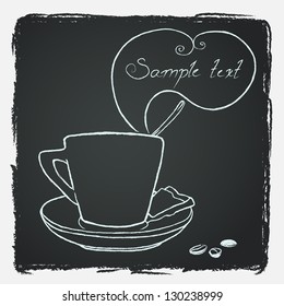 Hand drawn cup of coffee with a spoon in it on the blackboard background with speech bubble for your text. Vector illustration.