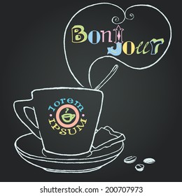 Hand drawn cup of coffee with a spoon in it on the blackboard background with speech bubble for your text. Chalk drawing with hand drawn lettering and company label template.