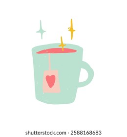 Hand drawn cup of coffee or tea doodle. Tea time in Doodle style. Vector sticker illustration isolated on white background