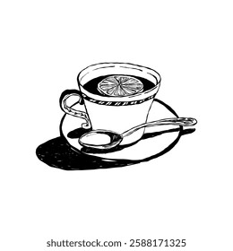 Hand drawn cup of coffee or tea doodle. Tea time in Doodle style. Vector sticker illustration isolated on white background