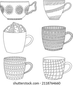 Handgezeichnete Tassenkollektion. Doodle-Becher einzeln auf weißem Hintergrund. Vektorgrafik.
