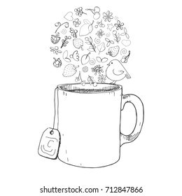 Hand drawn a cup, different herbs, plants, berries and birds. Vector illustration of a sketch style.