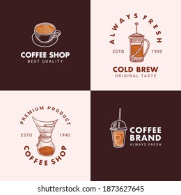 Hand Drawn Cup, French press, Chemex, Dripper, Take away cup logo illustration template set for Coffee shop, cafe, drink, beverages brand