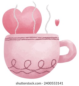 Hand drawn cup of fresh hot chocolate with heart for valentine's day, element illustration.