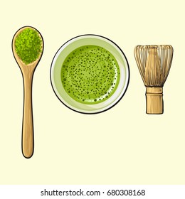 Hand drawn cup of green tea, spoon of matcha powder and bamboo whisk, sketch vector illustration isolated on background. Realistic hand drawing of matcha powder, bamboo whisk and green tea cup