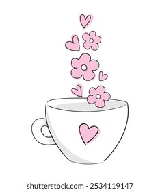 Hand Drawn Cup and Heart  and flowers design background, Vector Illustration