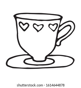 Hand drawn cup with heart pattern. Valentines day motif. Doodle style vector illustration. Design for greeting cards, gifts, wrapping paper, seasonal cards, printed materials etc.