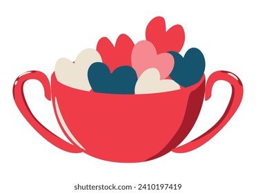 Hand Drawn Cup with Hearts Inside. Cartoon Element for Valentines Day, Wedding and Love Concept Vector Illustration.