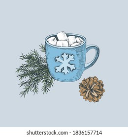 Hand drawn cup of hot chocolate with marshmallows, fir branches and cone. Vector illustration