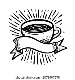 A hand drawn cup of hot coffee with a blank ribbon banner and radiant decorative lines surrounding the illustration.