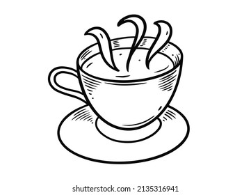 Café con vapor. Arte de línea negra con estilo de grabado. Ilustración vectorial aislada en fondo blanco.