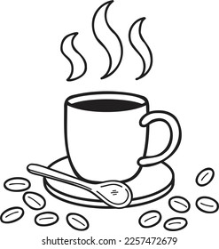 Hand Drawn Cup of hot coffee and coffee beans illustration in doodle style isolated on background